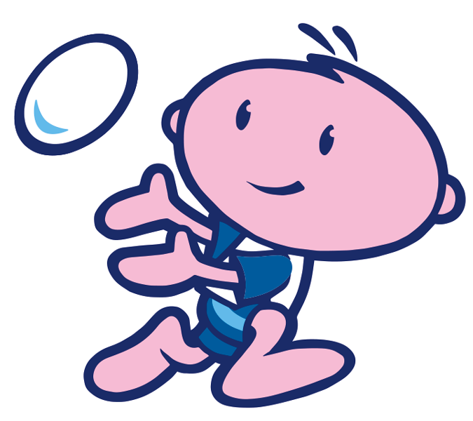 Rugbytots mascot Arty passing a rugby ball.