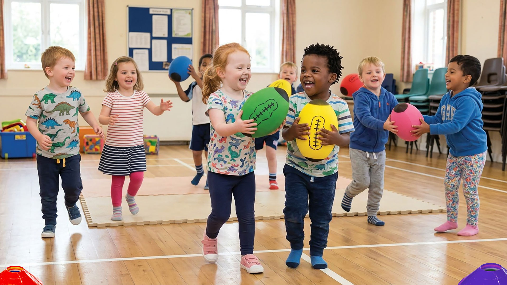 Nursery school children playing with rugby balls.