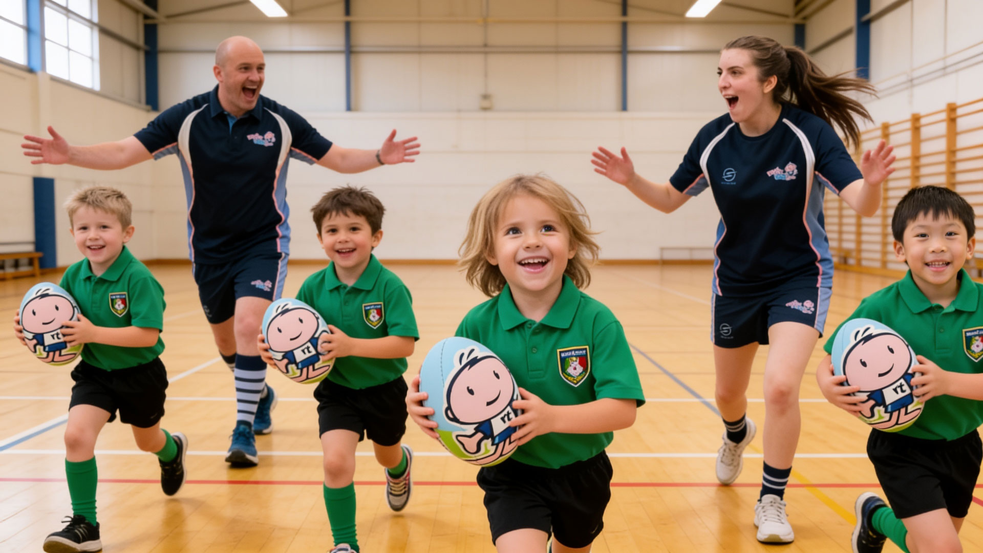 School boys learning rugby skills from two Rugbytots coaches.