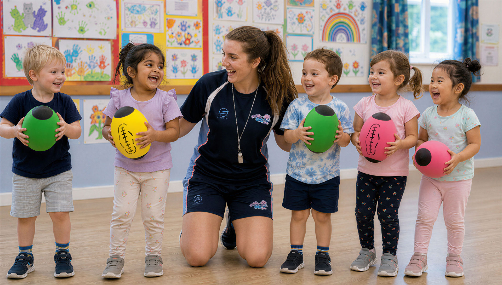 A friendly Rugbytots coach with happy children in a nursery.