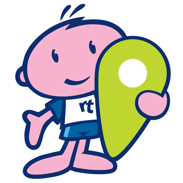 Rugbytots mascot Arty holding a map pin.