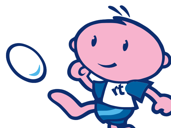 Rugbytots mascot Arty kicking a rugby ball.