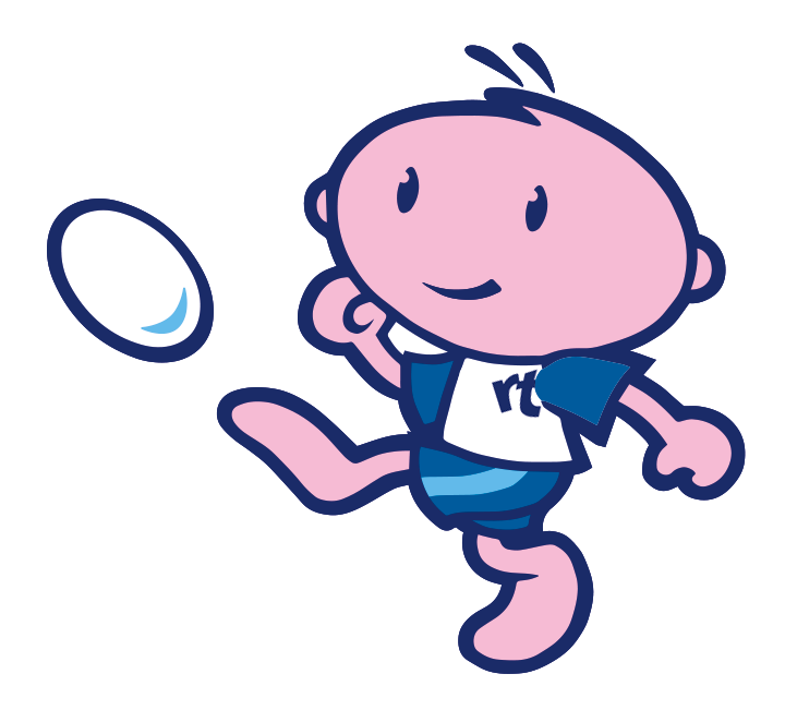 Rugbytots' mascot Arty kicking a rugby ball.