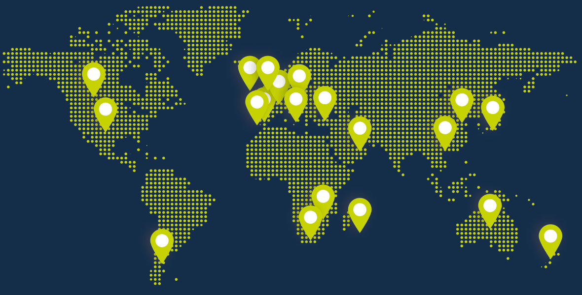World map with pins showing countries where Rugbytots run classes.